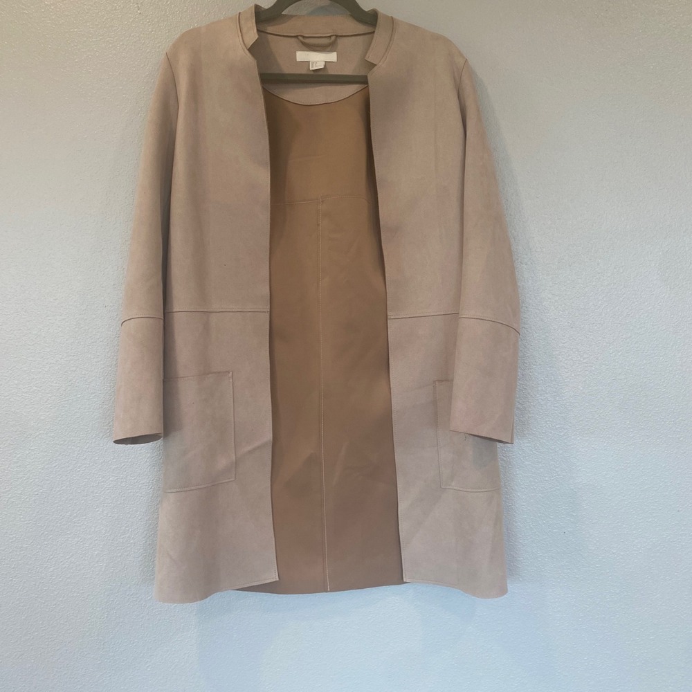 H&M Womens Tan Beige Faux Suede Open Front Collarless Coat Jacket Size 2